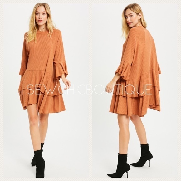 Rib Knit Ruffle Mini Dress in Chai - Picture 2 of 8